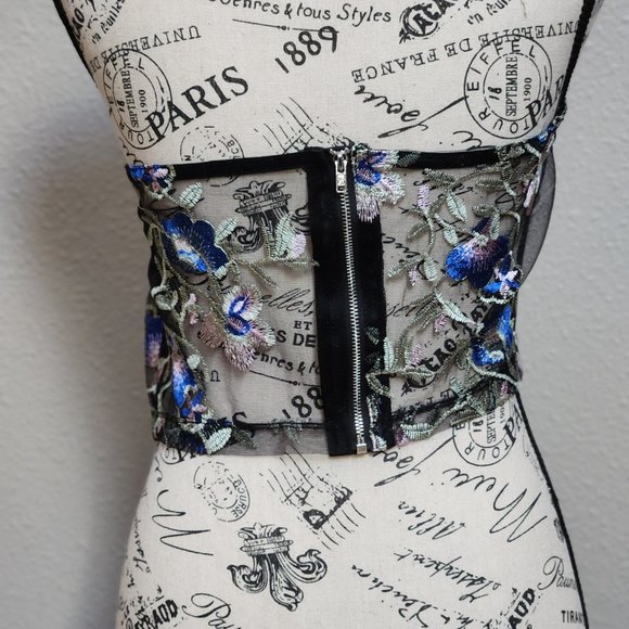 Y2K Plus Black Blue Mesh Embroidered Corset Bustier Crop Cami Top NEW - Picture 6 of 6